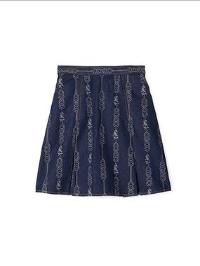 Tory Burch Dark Blue Denim Pleated Skirt with All-Over Chain Motif jacquard